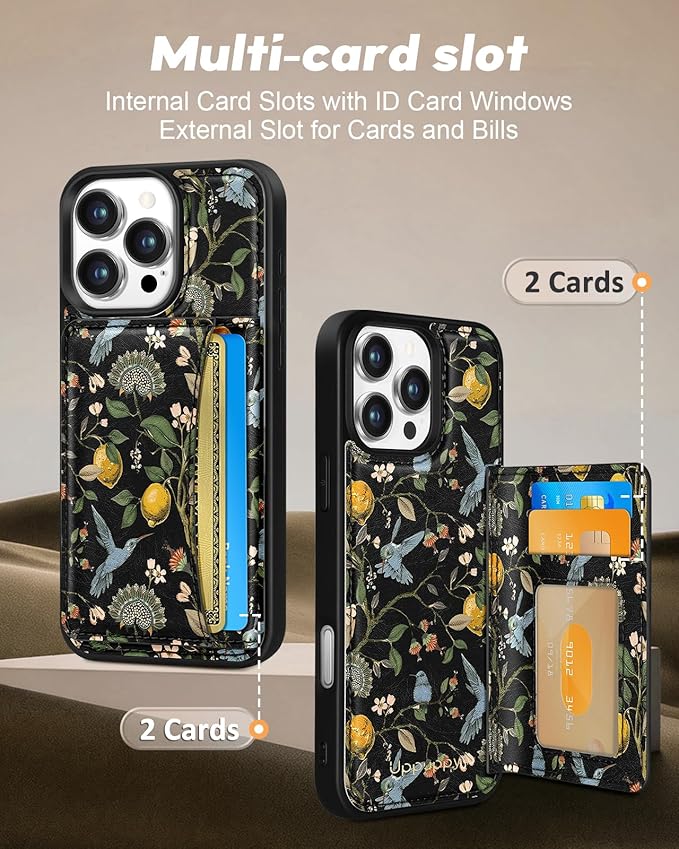 for iPhone 13 Pro Case with Wallet - Fits 4 Card Slots, Compatible with MagSafe for Women Aesthetic Durable PU Leather Credit Card Holder Kickstand Phone Cover for Apple 13 Pro, Lemon Bird