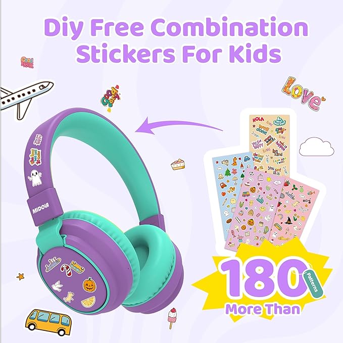 MIDOLA Kids Headphones Wireless Bluetooth 5.4 68H Play Time Volume Limit 85/94dB Over-Ear Foldable Headset,Type-C Fast Charging,with Wired Aux Mic for Toddler Boy Girl Pad Tablet Purple