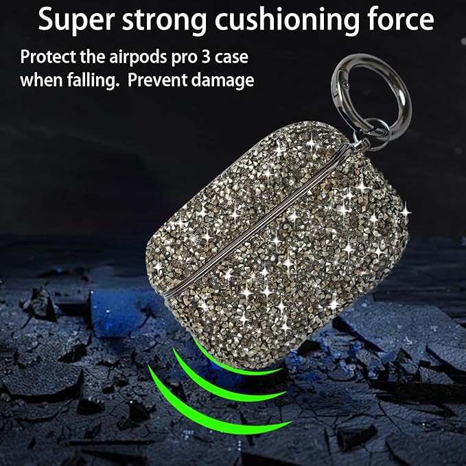 for Glitter AirPods Pro 3 Case 2025| Cute Bling Hard Air Pods Pro 3 Case (Model A2700/A2931) | with Keychain | Sparkly Rhinestone iPods Pro 3 Cases for Women Girl(Black)