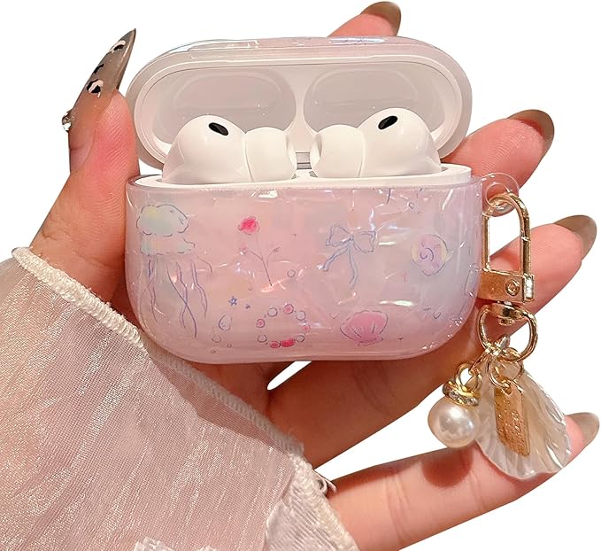 for AirPod Pro 3 Case 2025 Cute Shell Pearl Ocean Design for Women Girls TPU Protective Cover with Keychain Compatible for AirPods Pro 3rd Generation (Glitter Jellyfish)