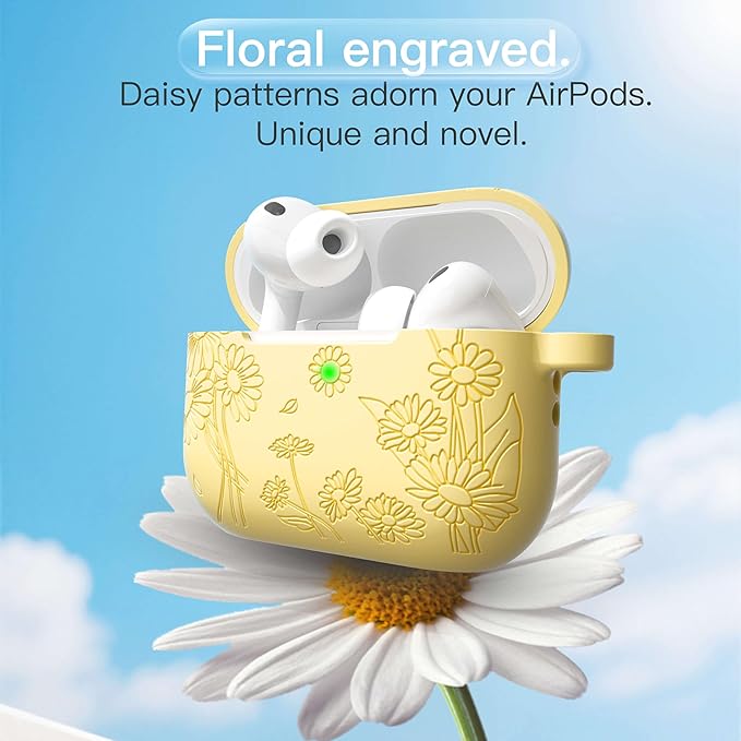 for AirPods Pro 3 Case (2025) DamonLight Daisy Floral Engraved Shockproof Protective Soft Silicone Case Cover with Cleaning Pen and Keychain for Apple Airpods Pro 3rd Generation(Yellow)