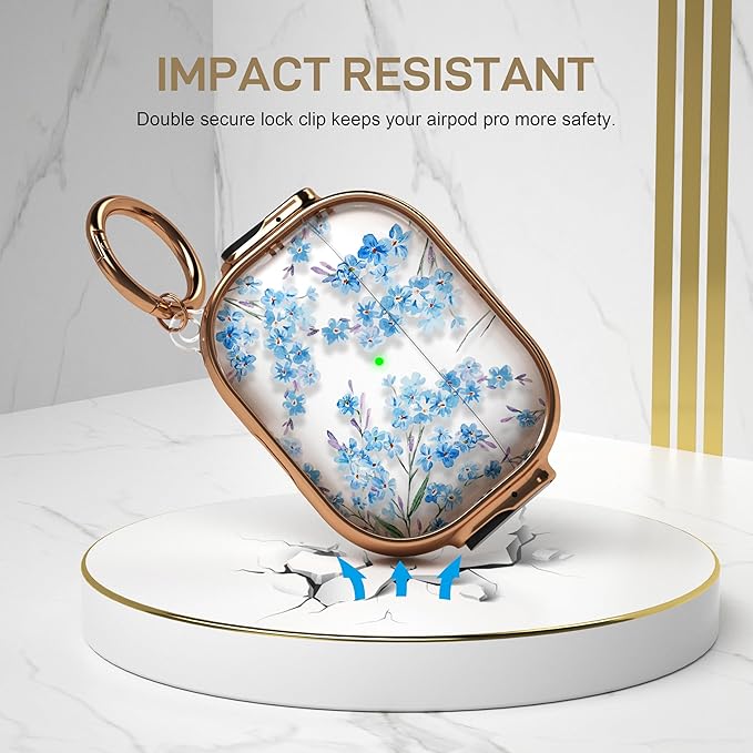 Maxjoy for AirPods Pro 3rd Generation Case with Lock, Clear AirPods Pro 3 Case Lock Protective Hard Flower AirPod Pro 3 Cover for Women Men with Keychain for Airpod Pro 3rd Gen Cover 2025, Blue