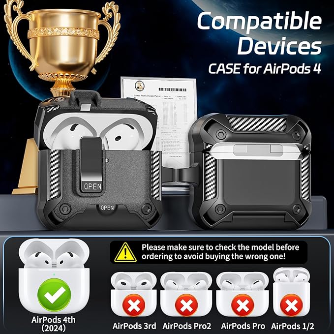 Secure Lock Case for AirPods 4 with Phone Stand, Cleaning Kit & Keychain, Shockproof Protective Cover Compatible with Apple AirPods 4th Gen 2024 for Men Women, Anti-Scratch
