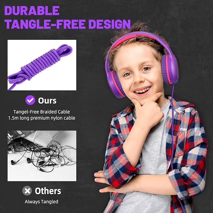 Purple Wired Headphones for Boys Portable On Ear Youth Headphones for School Airplane Travel Lightweight Portable Compatible with Pad Computer Laptop for Adults Student Children Girls Kids
