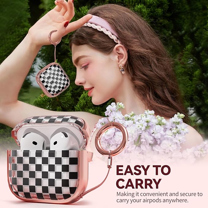 Inesore with Safety Lock for AirPods 4 Case,Clear Floral Cute AirPod 4th Generation Case for Women Girly with Cleaner Kit and Keychain- Gold Checkerboard