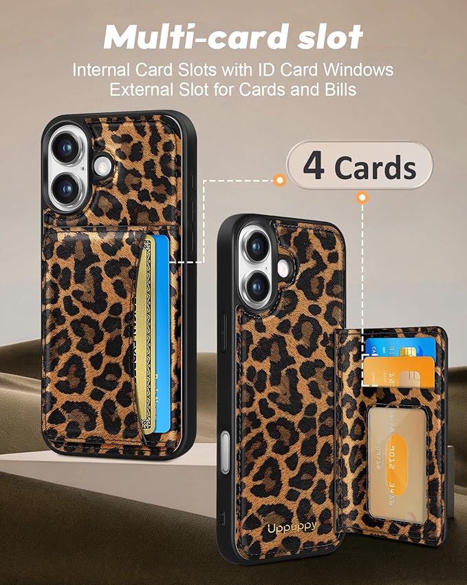 for iPhone 17 Case with Wallet - Fits 4 Card Slots, Compatible with MagSafe for Women Aesthetic Durable PU Leather Credit Card Holder Kickstand Phone Cover for Apple 17, Leopard Print