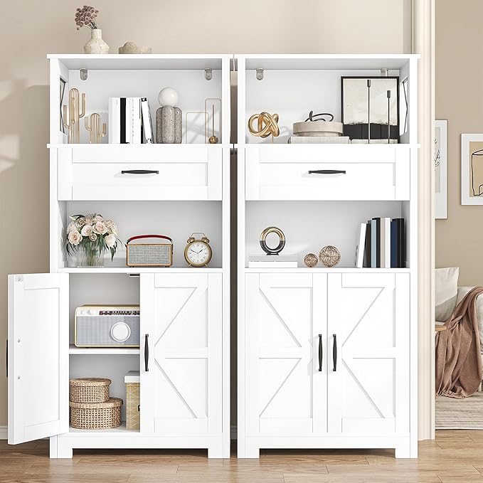 Semoic 55" Farmhouse Kitchen Pantry Cabinet, 5-Tier Pantry Storage Cabinet with 2 Barn Doors and Drawer, Tall Sideboard Buffet Cupboards Storage Shelf for Home Office Use (White 12" D x 24" W x 55" H)