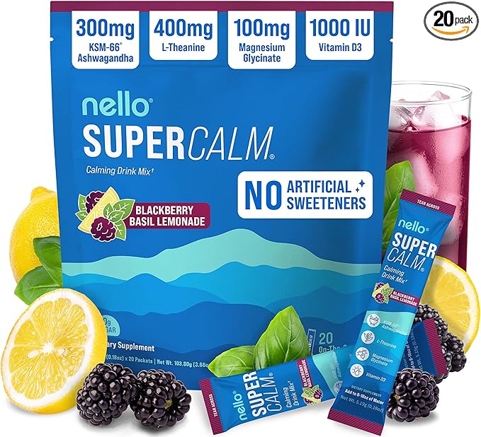 Nello Supercalm Powdered Drink Mix, Cortisol Reducer*, Sleep Aid Supplement, L Theanine, Ksm-66 Ashwagandha, Magnesium Glycinate, Vitamin D 3, No Sugar, Non GMO, 20 Ct, BlackBerry Basil Lemonade