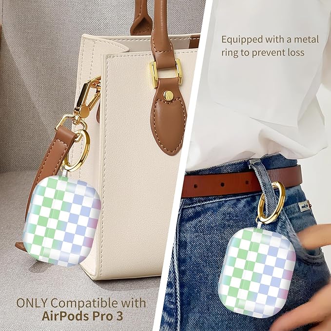 Compatible with AirPods Pro 3rd Generation 2025 Case Cover with Gold Keychain - Cute Protective Hard AirPod Pro 3 Cases for Women - Colorful Checkerboard
