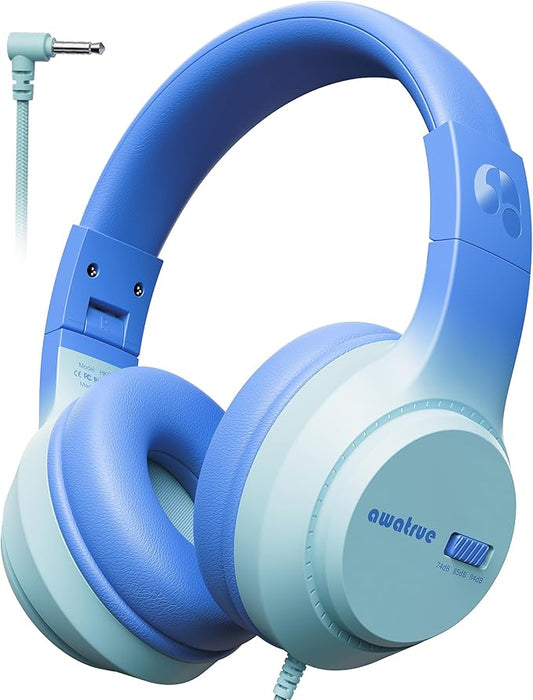 Kids Headphones, 74/85/94dB Volume Limiter, Foldable Wired Over Ear Headphones for Travel, 3.5mm Jack, Toddler Headphones for School, Chromebook, iPad, Tablet, Blue