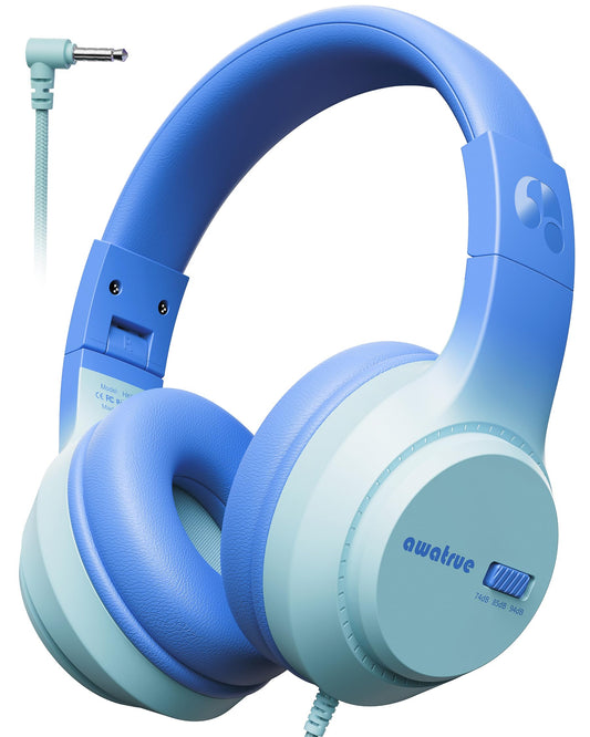 Kids Headphones, 74/85/94dB Volume Limiter, Foldable Wired Over Ear Headphones for Travel, 3.5mm Jack, Toddler Headphones for School, Chromebook, iPad, Tablet, Blue