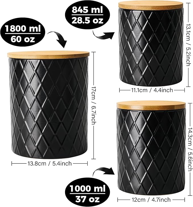 MIAMIO – Set of 3 Canister Sets for Kitchen Counter, Ceramic Kitchen Canister Set with Airtight Seal Wooden Lid - Perfect for Coffee, Tea, Sugar, Flour, Tea, Salt and More