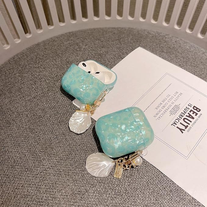 Compatible with Airpods 3rd Generation Case, PHOEACC Dream Luxury Airpod 3 Case Cute Protective Cover with Shell Pearl Keychain for Girls Teens Women (Turquoise Blue)