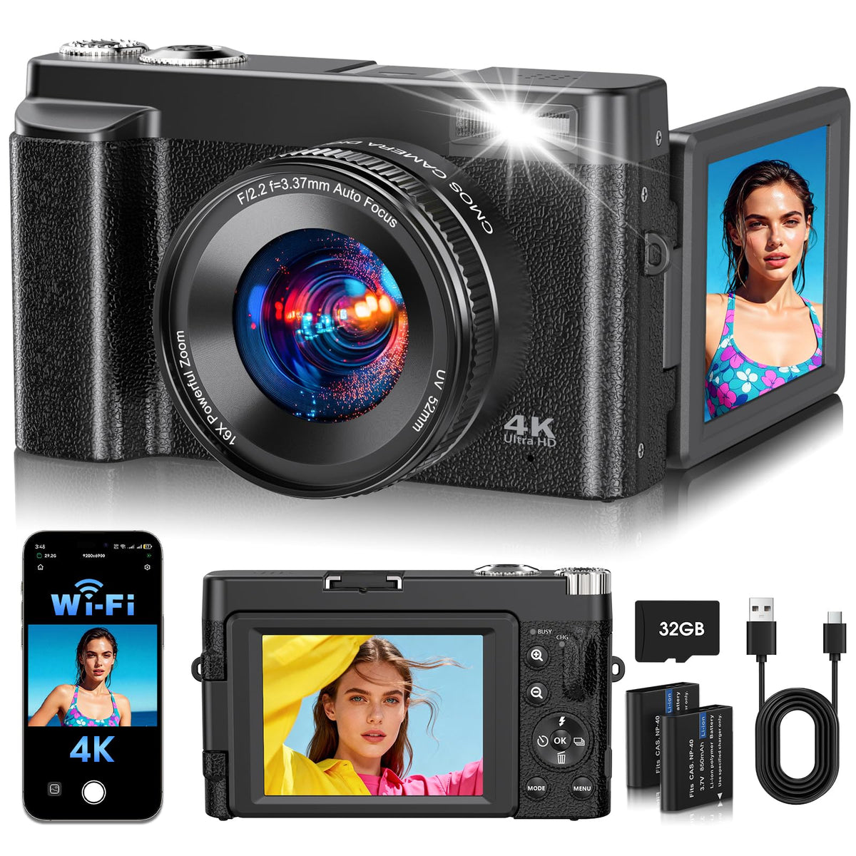 2026 Upgraded 4K Digital Camera 64MP WiFi 180° Flip Screen Autofocus, Black