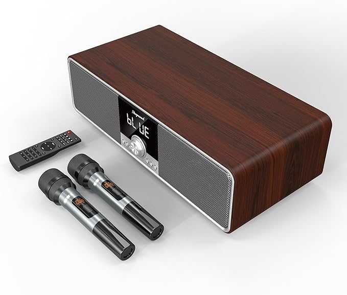 Karaoke Machine with 2 UHF Mic Subwoofer Home Theater Audio Sound Bar Support Optical/Bluetooth/AUX/USB/PC Wooden Karaoke Singing Machine for TV, Home, Karaoke, Singing Party, Christmas (S-73)