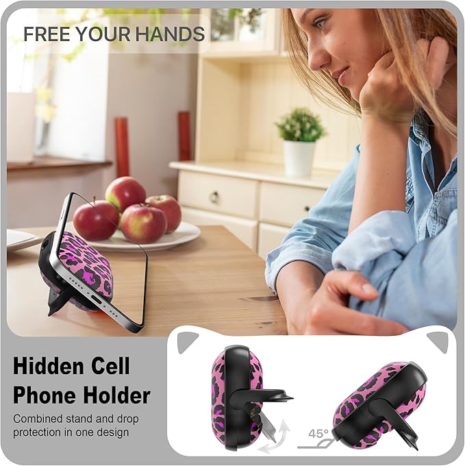 RFUNGUANGO is Compatible with AirPods Pro 3 Protective case, with Mobile Phone Holder Function, Multiple Colors Available, Suitable for AirPods Pro 3 Protective case,Black + Rose Red Leopard Print