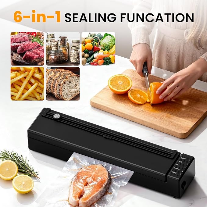 olayks Vacuum Sealer Machine for Food, 60KPA Automatic Food Saver with Dry& Moist Modes, Compact Air Sealing Machine includes 10 Sealer Bags for Kitchen Storage, Meat, Meal Prep, Sous Vide