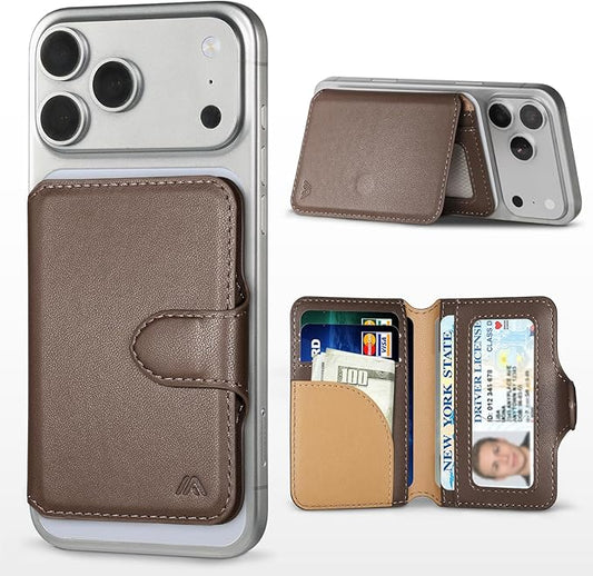 for MagSafe Wallet, Magnetic Phone Wallet RFID Blocking, Slim 5-8 Card Holder with Cash Slot & Clear ID Window, Minimalist Mag Safe Wallets for iPhone 17/16/15/14/13/12 Series, Mocha Brown