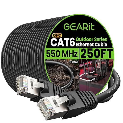 GEARit Cat6 Outdoor Ethernet Cable (250ft) 23AWG Pure Copper, FTP, LLDPE, Waterproof, Direct Burial, In-Ground, UV Resistant, POE, Network, LAN, Internet, Cat 6, Cat6 Cable - 250 Feet