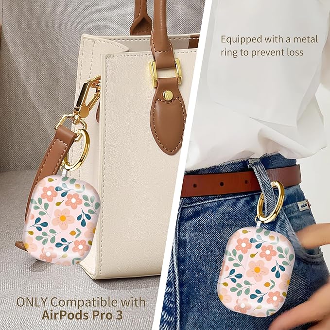AirPod Pro 3 (2025) Case Cover for Women, Cute Shockproof TPU Protective Case with Gold Round Buckle, Anti-Drop Design Leaves and Flowers