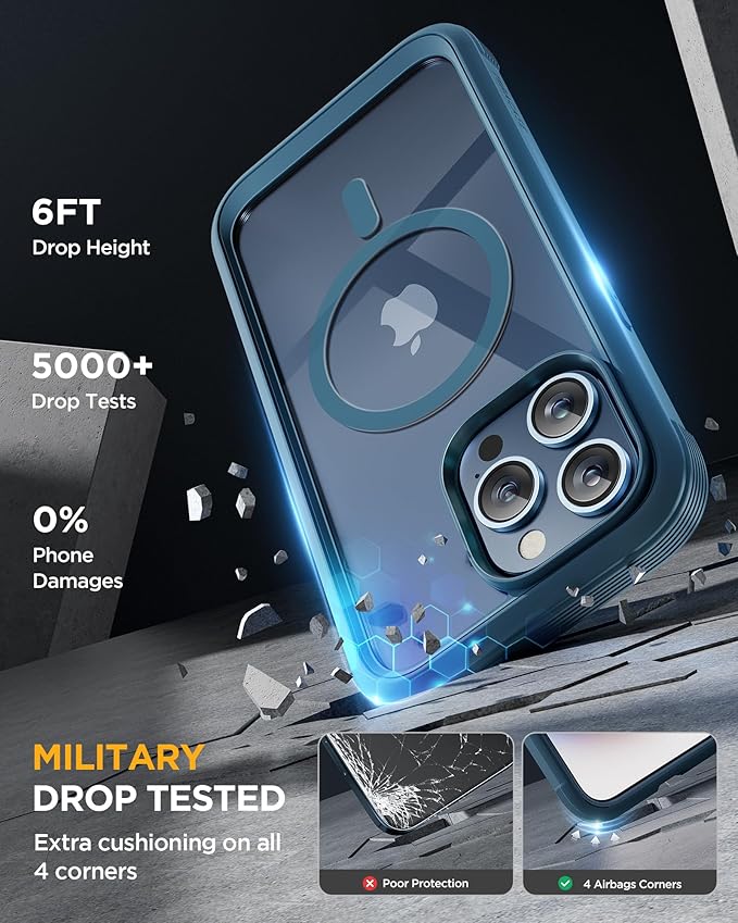 Miracase Magnetic for iPhone 15 Pro Case [Compatible with MagSafe] Full-Body Phone case with Built-in Glass Screen Protector& Camera Protector, Military Drop Proof 15 Pro Cover 6.1 inch, Storm Blue