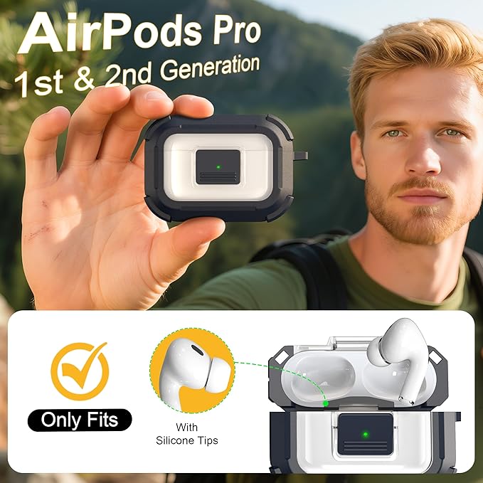 RFUNGUANGO for AirPods Pro 2 Case, Compatible with AirPods Pro 2nd/1st Generation Case, Compatible with MagSafe, Magnetic Automatic Lock with Cleaner Kit and Keychain, Front LED Visible, Blue