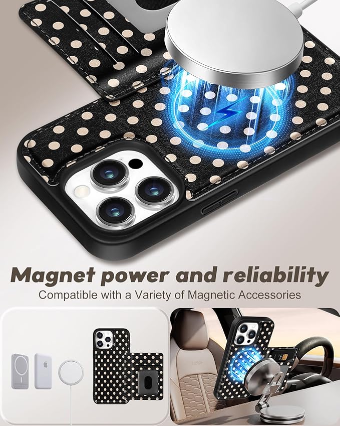 for iPhone 14 Pro Max Case with Wallet - Fits 4 Card Slots, Compatible with MagSafe for Women Aesthetic PU Leather Credit Card Holder Kickstand Phone Cover for Apple 14 Promax, Black Polka
