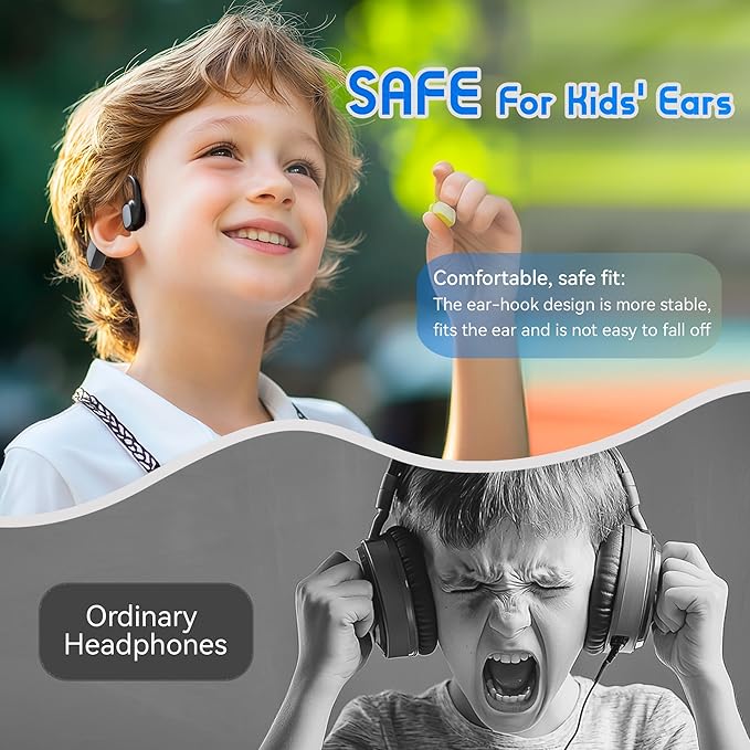 Kids Bluetooth Headphones, Wireless Kids Earbuds with 85dB Volume Limit, Bluetooth5.3, Air Conduction Open-Ear Headphones, 20-Hour Playtime, with Built-in Mic for Toddlers, Boys and Girl (Black)