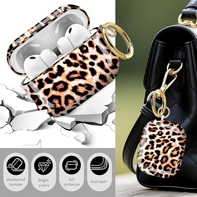 Cute Hard Case Compatible with AirPods Pro 3rd Generation Case (2025), Shockproof Protective Cover with Golden Keychain Ring Clip (Brown Leopard)