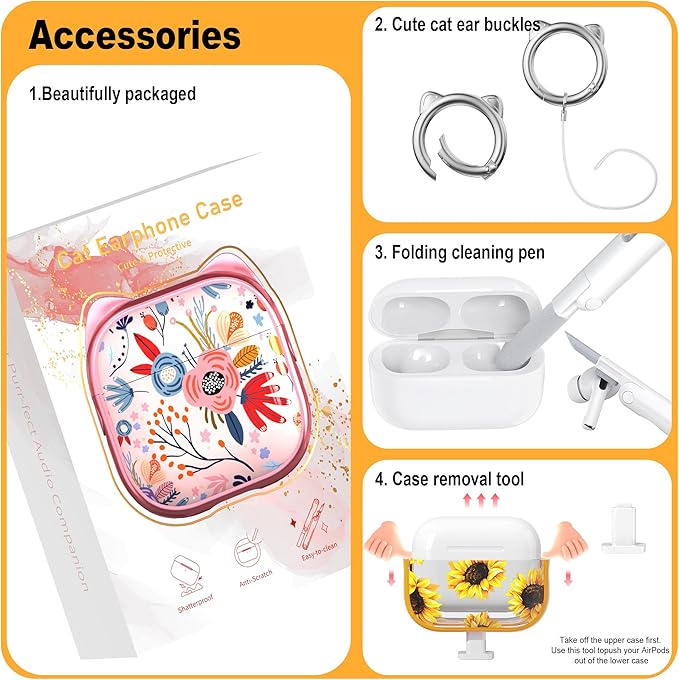 RFUNGUANGO AirPods Pro Case for Women Girly Cat Case with Lock, Phone Stand, Keychain & Cleaner Kit, Compatible with Apple Airpods Pro 2nd/1st Generation Case Cover, Transparent Sunflower