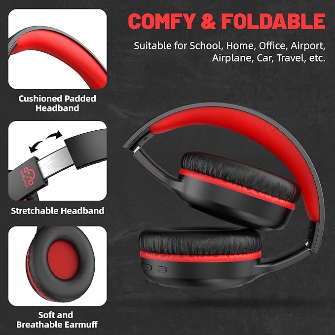 U2B Active Noise Canceling Wired & Wireless Bluetooth 6.0 Headphones with Microphone, Foldable Lightweight Head Phones with Volume Control‌ for Kids Adult School Black Red