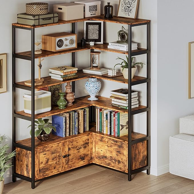 IRONCK Corner Bookshelf, Vintage Industrial Bookcase 6 Tier with Storage Cabinets, 70" Wooden Book Shelf with Metal Frame for Living Room, Office, Bedroom