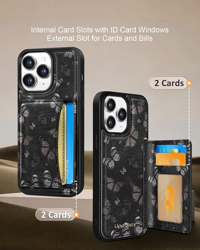 for iPhone 11 Pro Max Case with Wallet - Fits 4 Card Slots, Compatible with MagSafe for Women Aesthetic PU Leather Credit Card Holder Kickstand Phone Cover for Apple 11 Promax, Black Butterfly