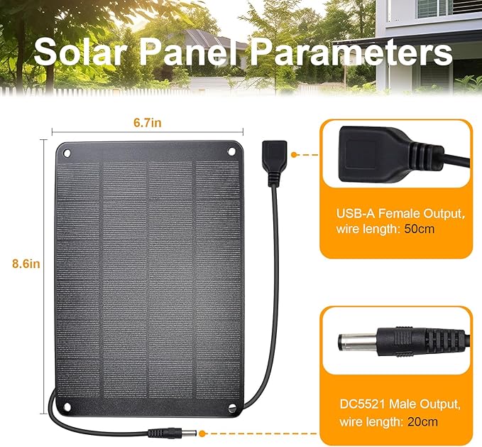 Solar Panel with Metal Hook, 5V 6W High Performance Monocrystalline Module with USB-A Female & DC Male Output, Waterproof Panel for Security Camera,Mobile Phone,Small Fan,Charging Bank,Outdoor