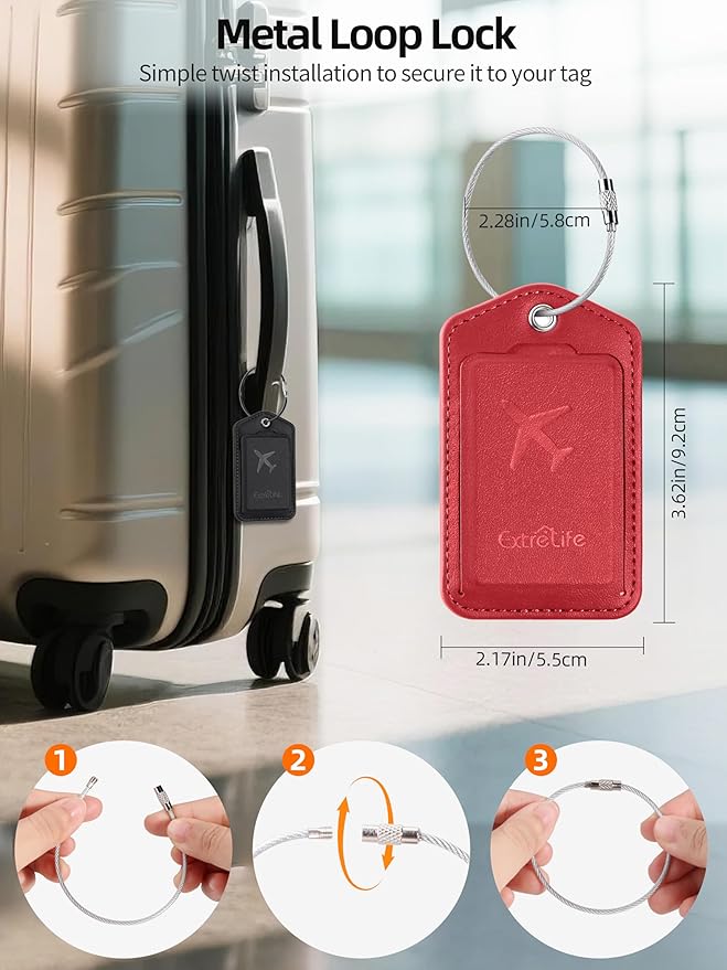 Luggage Tags, Works with Apple Find My, Leather Luggage Tag for Suitcases, Travel Tags, Bag Tag, Suitcase Tag with Privacy Flap, Anti-Lost Smart Luggage Tracker, Travel Essentials, Red