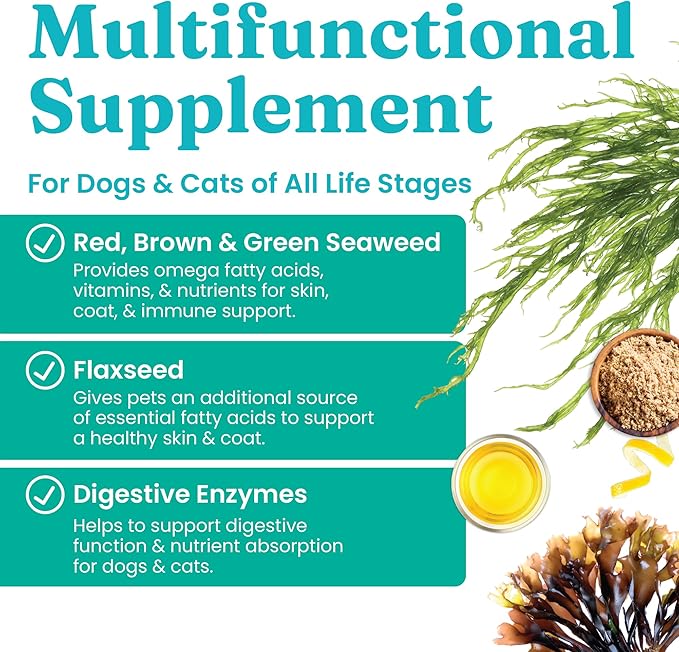 Solid Gold Cat & Dog Multivitamin Chews - Kelp, Omega 3 & Vitamins for Dental, Digestive, Immune, Skin & Coat Health - Multi Vitamin for Dogs & Cats - Sea Kelp Based Soft Chew for All Ages - 120ct
