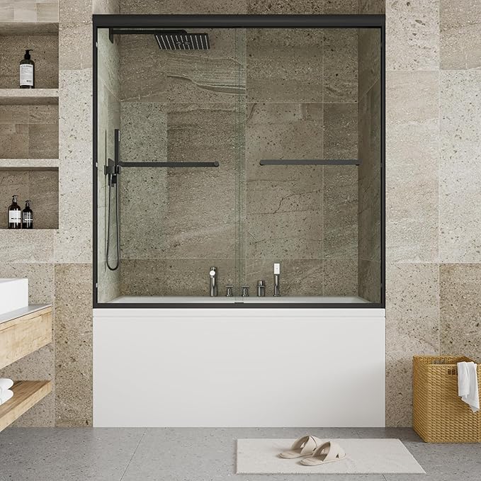 Shower Doors Glass Sliding 56-60 Inch W× 59 Inch H Matte Black Frame Sliding Glass Door for Bathtub, 6mm Tempered Glass Panels, Compact Shower Enclosure for Urban Bathroom Projects