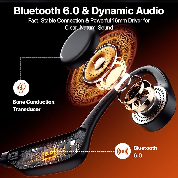 Bone Conduction Headphones, Open Ear, Bluetooth V6.0, IPX5, Sweat Resistant,10Hrs Playtime, Comfortable Fit Sports Wireless Earbuds with Built-in Mic for Running, Gym, Cycling, Outdoor, Black