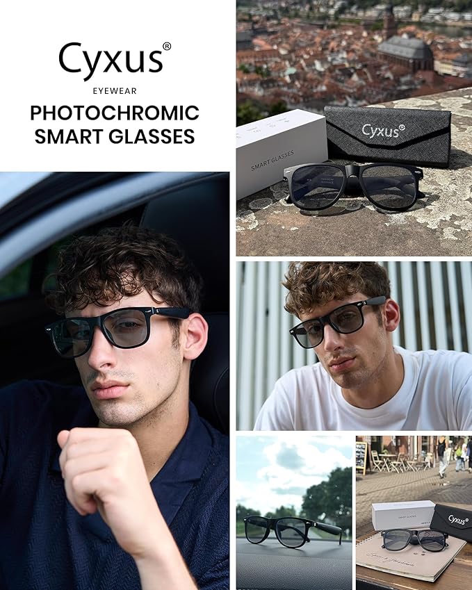 Cyxus AI Smart Photochromic Glasses, Meeting Transcription & Summaries 144 Language Translator 11h Playtime Voice Control HD Calls Business Travel AI8284