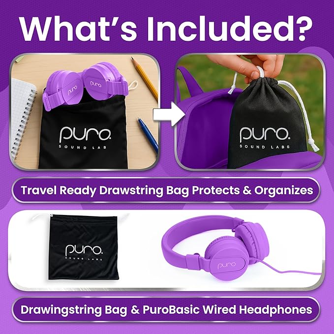 Puro Sound Labs Kids Wired Headphones – Volume-Limiting & Adjustable, Safe & Comfortable Headphones for Kids – Compatible with PCs, Smartphones & Tablets, Ideal for School & Travel – PuroBasic, Purple