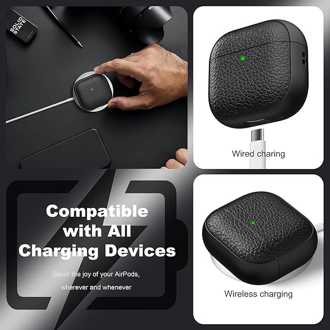 R-fun for Airpods 4 Case, Soft TPU (Leather-Like Design) Drop Protection Cover for Men and Women with Lanyard and Cleaner Kit, Compatible with Apple Latest Airpods 4th Gen(USB-C)(2024)-Black