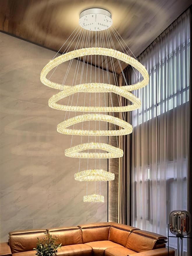 Flashing God Modern 6 Ring Crystal Chandeliers for High Ceiling Large Foyer Chandeliers LED Dimmable Crystal Ceiling Light Fixtures for Entryway Living Room Staircase Sliver