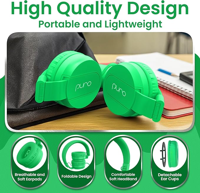 Puro Sound Labs Wired Headphones for Kids - Volume-Limiting, Adjustable Mic & Compatible with Smartphones, Tablets & PCs – Safe, Durable Kids Headphones for School & Travel – PuroBasic, Blue & Green
