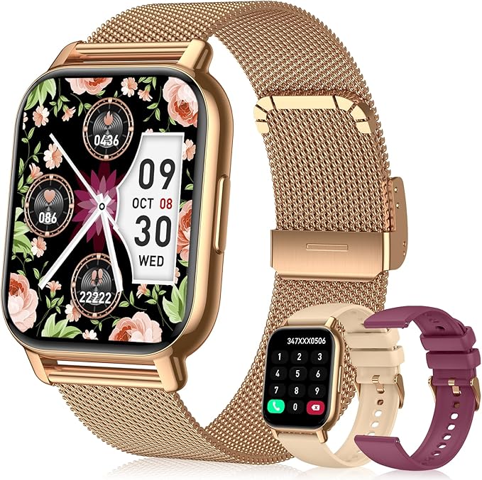 Smart Watch for Women(3 Bands), Smartwatch Fitness Tracker with Bluetooth Calls & AI Voice Control, 1.85’’ HD Screen, Heart Rate/SpO2 Monitor, Sleep Tracker, Compatible with Android iOS (Gold)