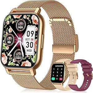 Smart Watch for Women(3 Bands), Smartwatch Fitness Tracker with Bluetooth Calls & AI Voice Control, 1.85’’ HD Screen, Heart Rate/SpO2 Monitor, Sleep Tracker, Compatible with Android iOS (Gold)