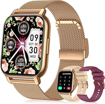 Smart Watch for Women(3 Bands), Smartwatch Fitness Tracker with Bluetooth Calls & AI Voice Control, 1.85’’ HD Screen, Heart Rate/SpO2 Monitor, Sleep Tracker, Compatible with Android iOS (Gold)