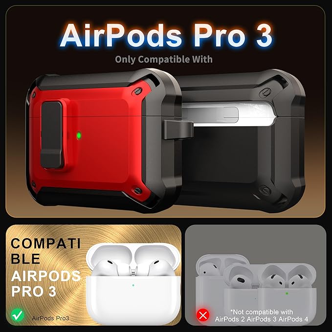 RFUNGUANGO AirPods Pro 3 Case (2025) with Safety Lock and Automatic Pop-up, Compatible with Airpods Pro 3rd Generation Case, Magnetic Lid, Compatible MagSafe, Hard Shockproof Protective Case, Red