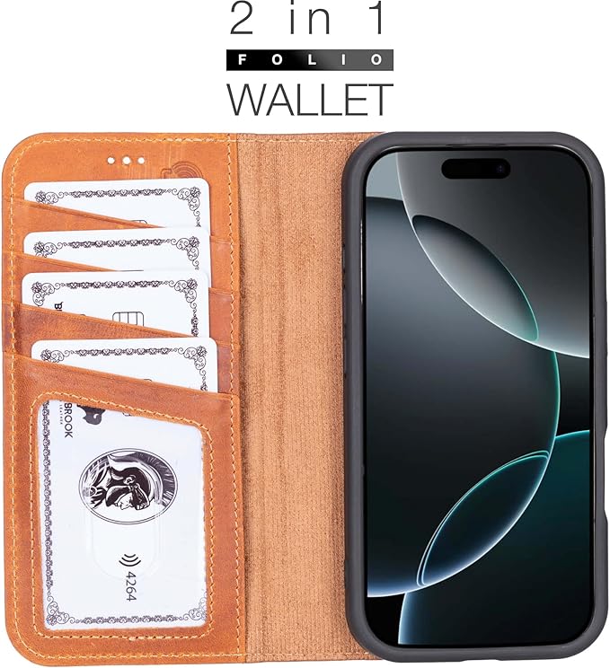 BLACKBROOK Leather Wallet Case for iPhone 16 Pro, Carter Premium Leather Magnetic 2-in-1 Wallet Set, Ready for MagSafe, RFID Protection, 4 Card Slots & ID Pocket, Compatible with iPhone 16 Pro