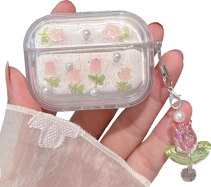 JANDM 3D Tulip for AirPods Pro 3 Case with Keychain, Clear Glitter Pink Floral Design, Shockproof Protective Cover for Women Girls with Flower Charm Strap