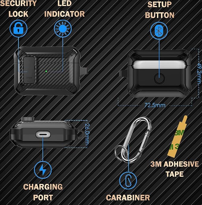for Airpods Pro 2/1 Gen Case Cover with Lock (2019/2022/2023), Rugged Locking Case for Airpod Pro 2nd/1st Generation Shockproof Armor Protective Skin for Apple iPod Pro, Black